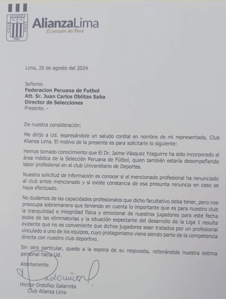 Carta de Alianza Lima a la FPF