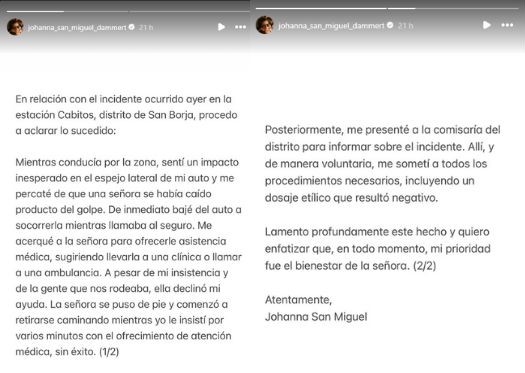 Comunicado de Johanna San Miguel sobre accidente de tránsito con adulta mayor