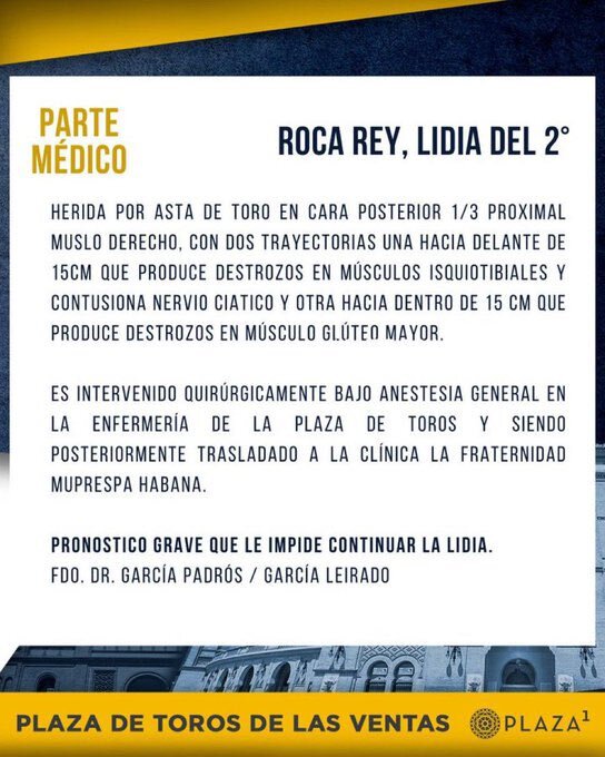 Diagnóstico de Andrés Roca Rey tras ser embestido por toro